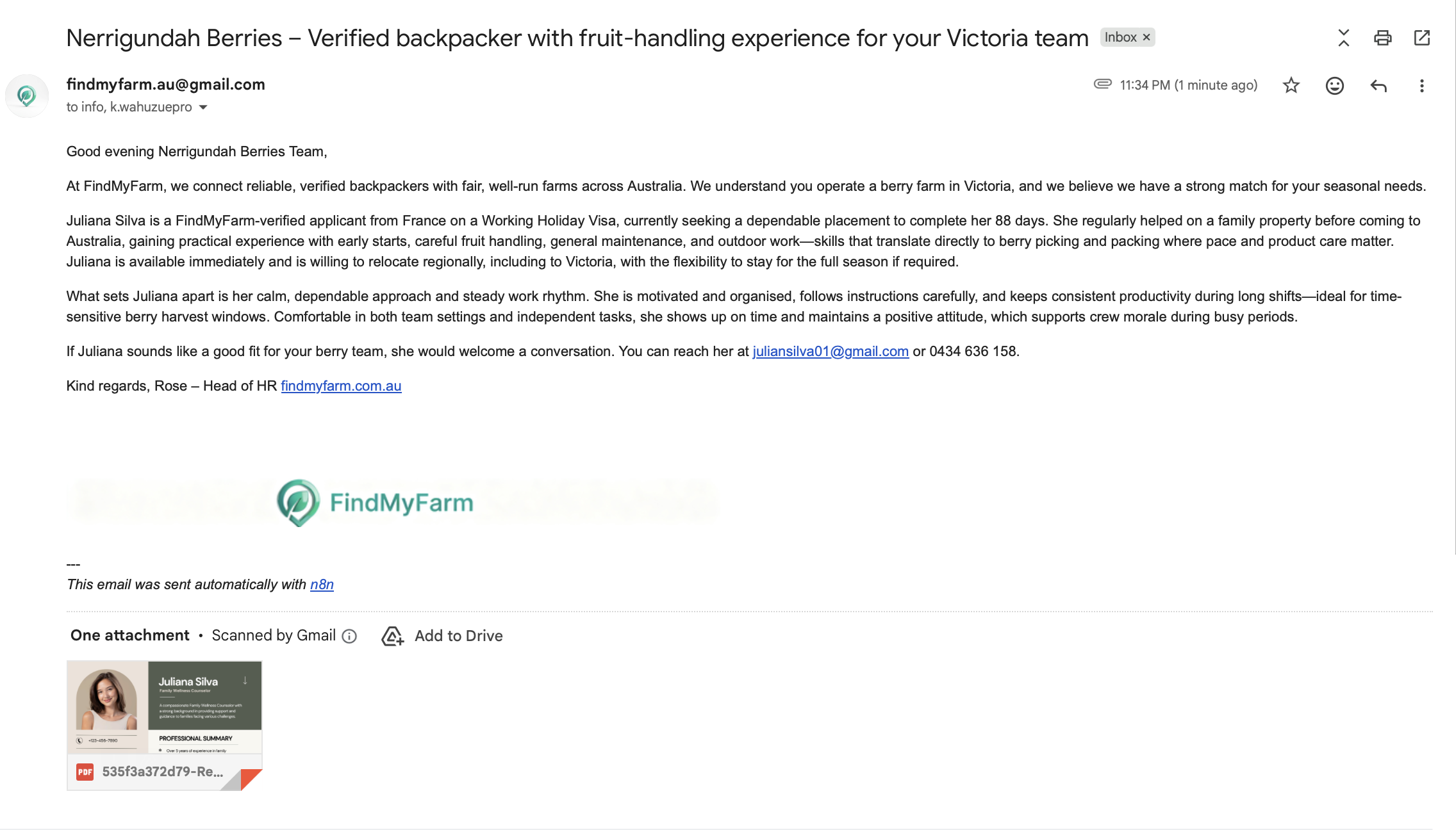 Professional farm job application email example for Juliana Silva sent to Nerrigundah Berries, showcasing personalized content and resume attachment
